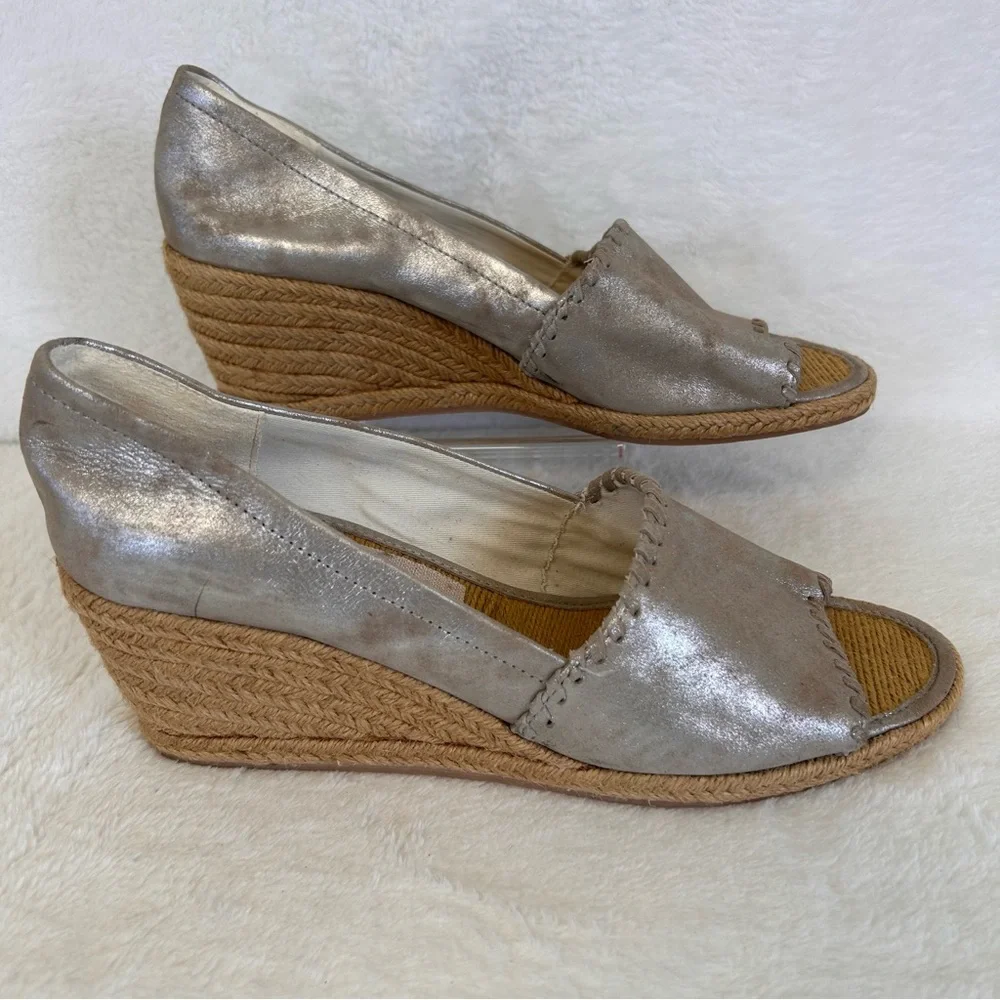 Jack Rogers Women's Sandals Size 9.5M Silver Metallic Leather Espadrille Wedge